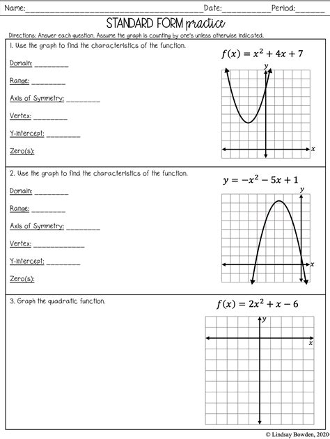 graphing quadratic functions worksheet standard form